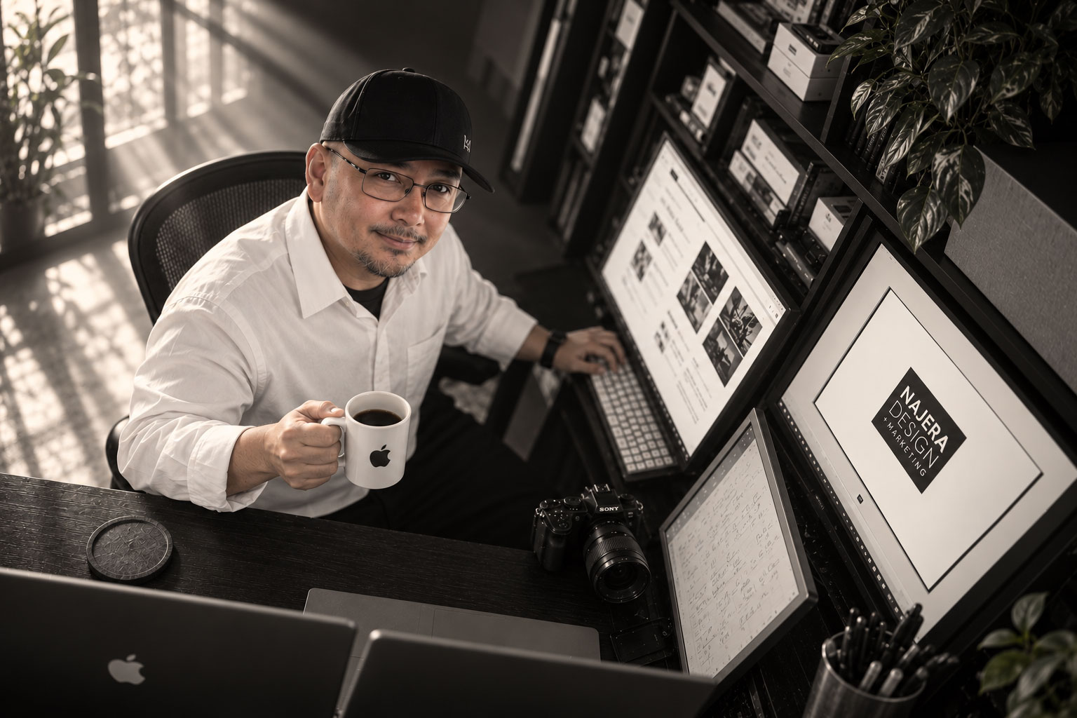 Larry Najera in his studio with a camera on his desk